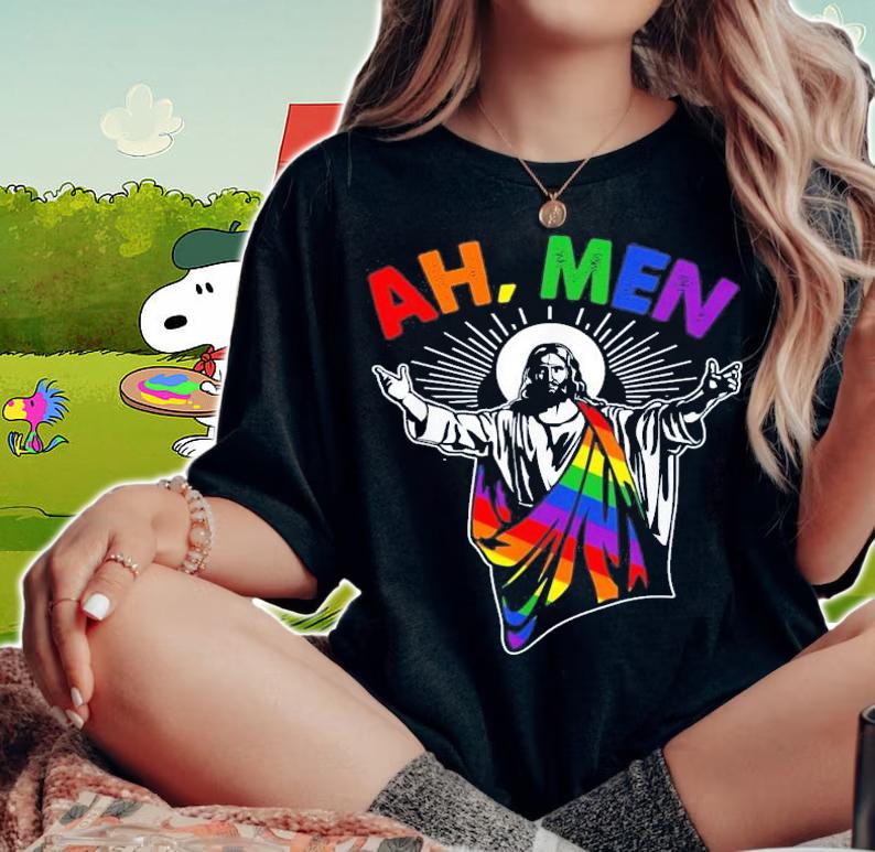 Ah Men LGBT Gay Pride Jesus Rainbow Flag Christian t-shirt woman shirt