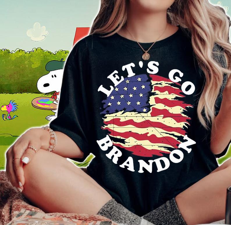 Let's Go Brandon American Burning Flag White T-Shirt t-shirt woman shirt