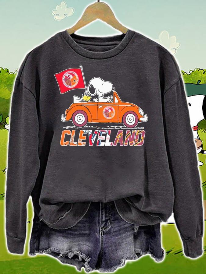 Snoopy And Woodstock Driving Car Cleveland Sports Teams Flag t-shirt sweatshirt